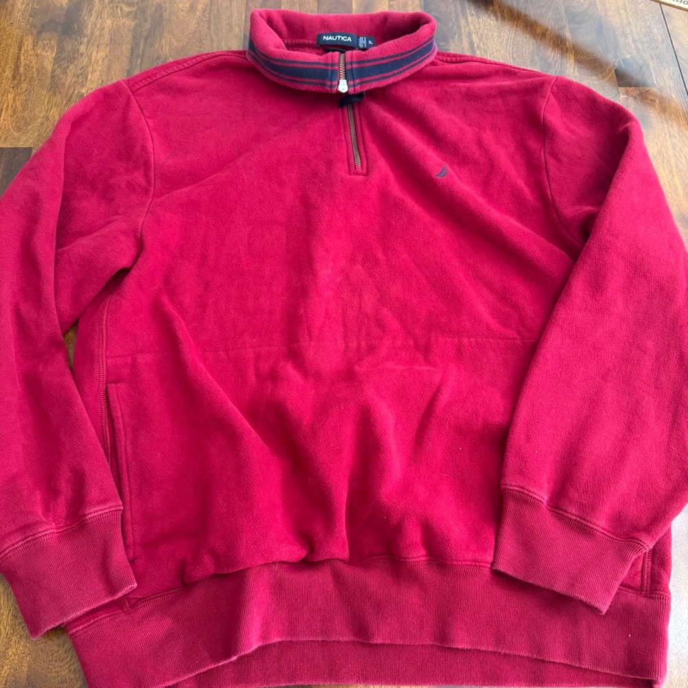 Nautica Red Quarter Zip Pullover Sweatshirt Men XL‎ Fleece Lined Logo Distressed - Picture 5 of 11